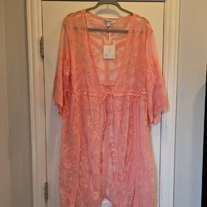 NWT DAVI & DANI M/L Pinky Coral Lace Overlay Kimono